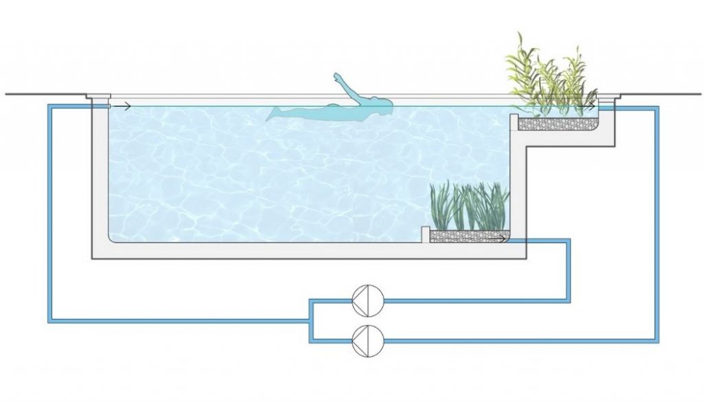 Esquema de funcionamiento de una piscina con estanque de nado