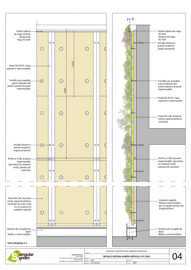 Detalle constructivo de sistema de jardín vertical hidropónico para exterior F+P Cold